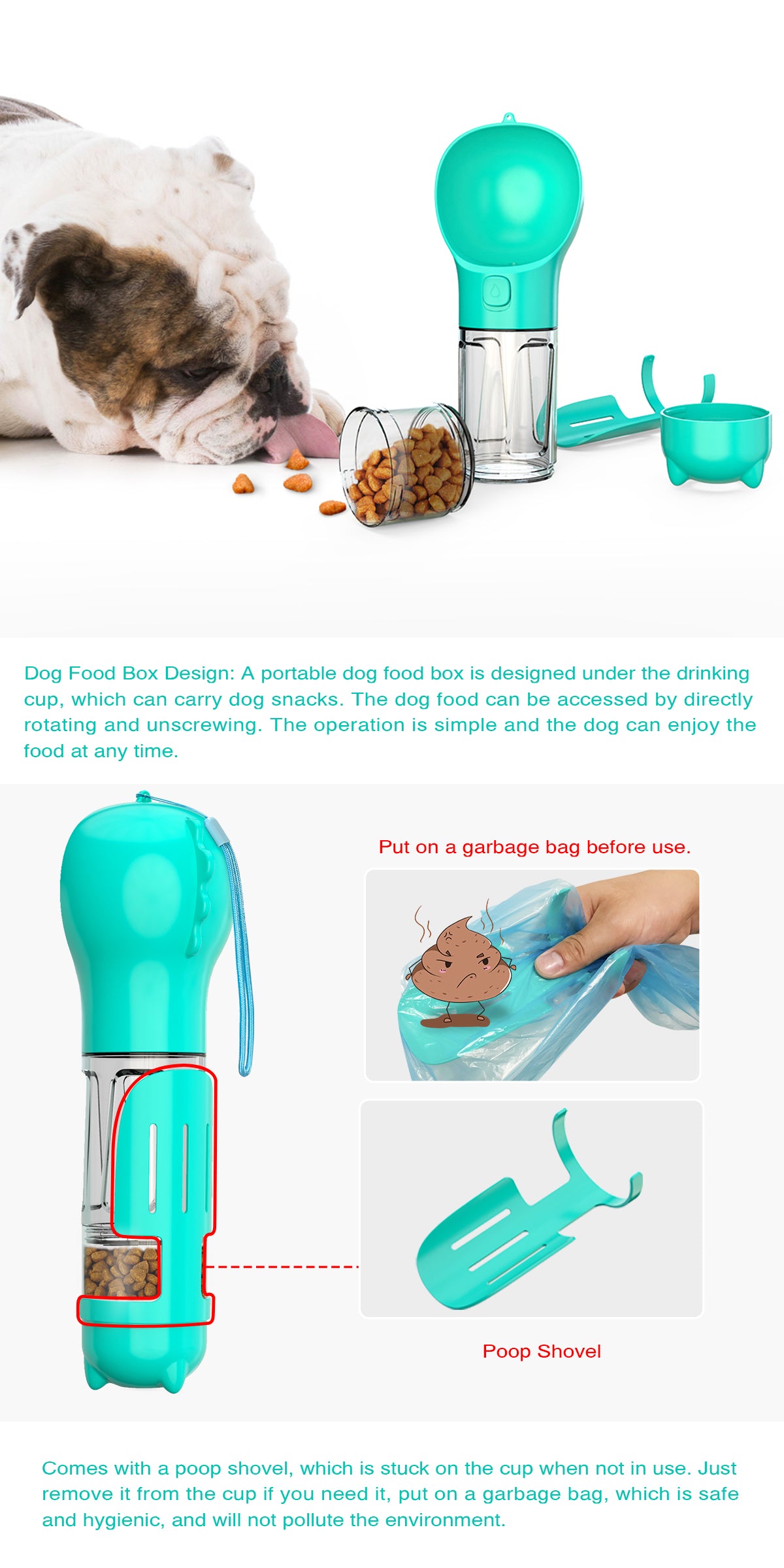 3-in-1 Portable Dog & Cat Water Bottle – Feeder, Poop Scoop & Food Container