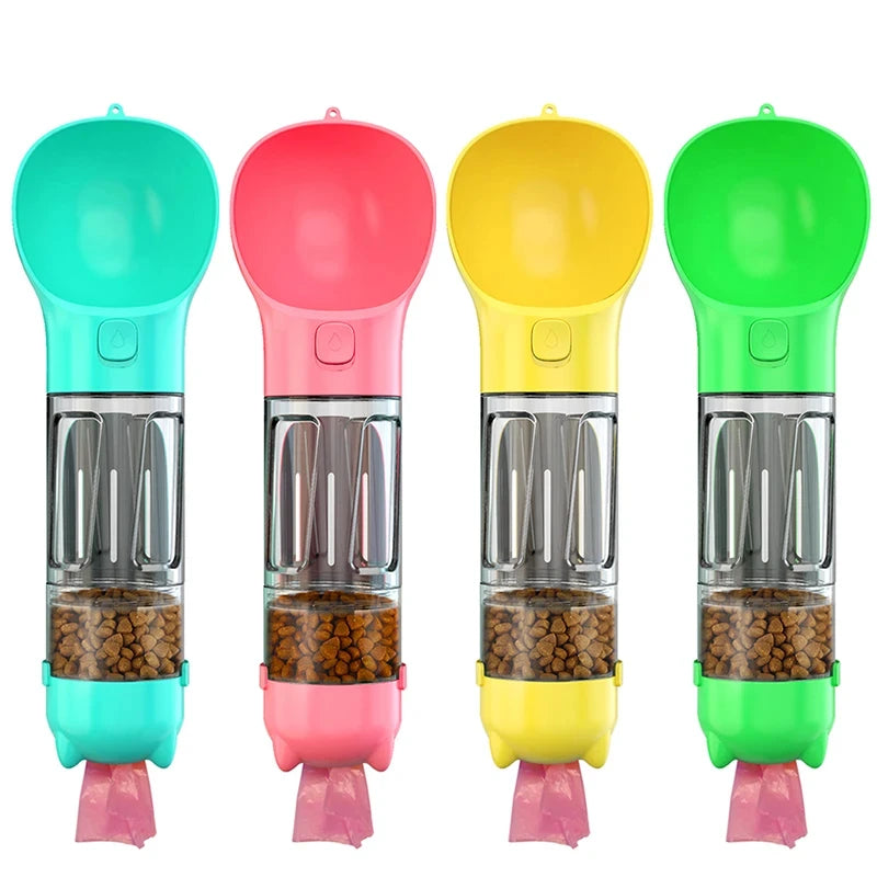 3-in-1 Portable Pet Water Bottle with Feeder, Poop Scoop & Food Container – Ideal for Dogs & Cats